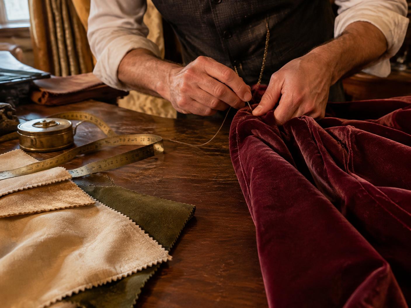 A tailor hand-stitching maroon velvet