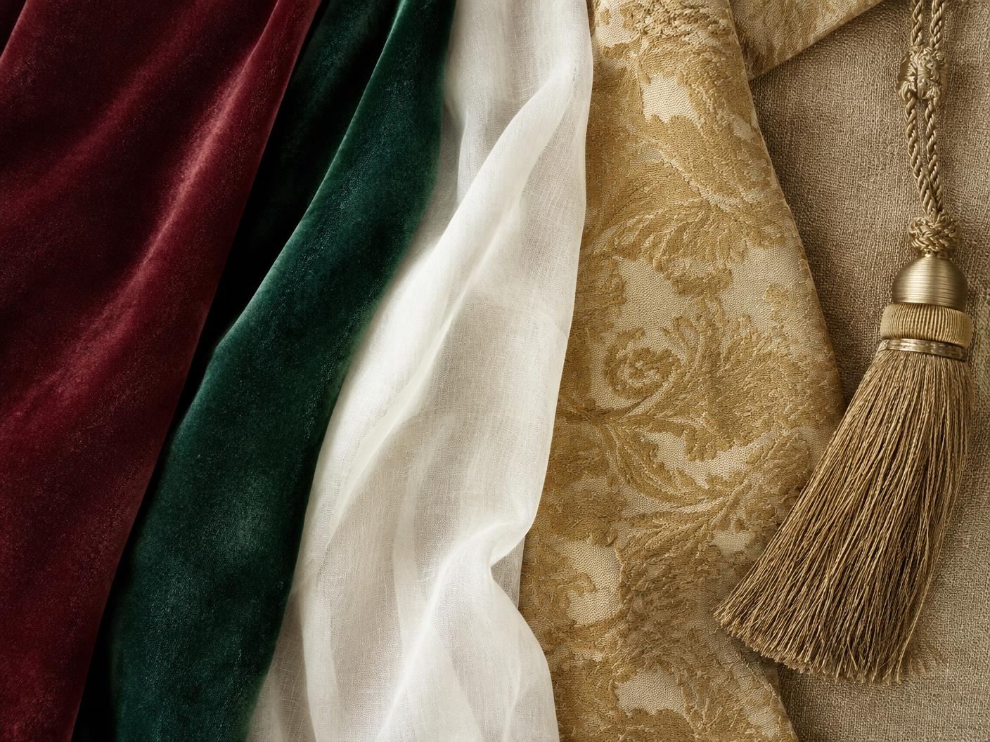 Fabric swatches in maroon, emerald, ivory, gold and linen